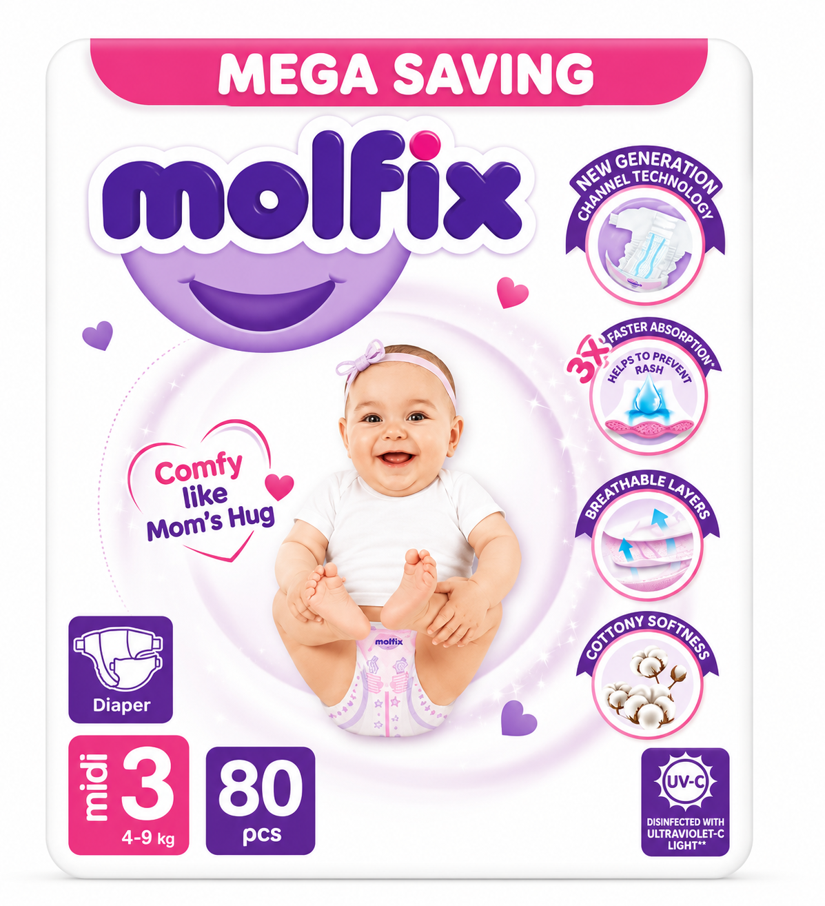 Molfix Diapers Medium | Size 3 | 80 Pcs