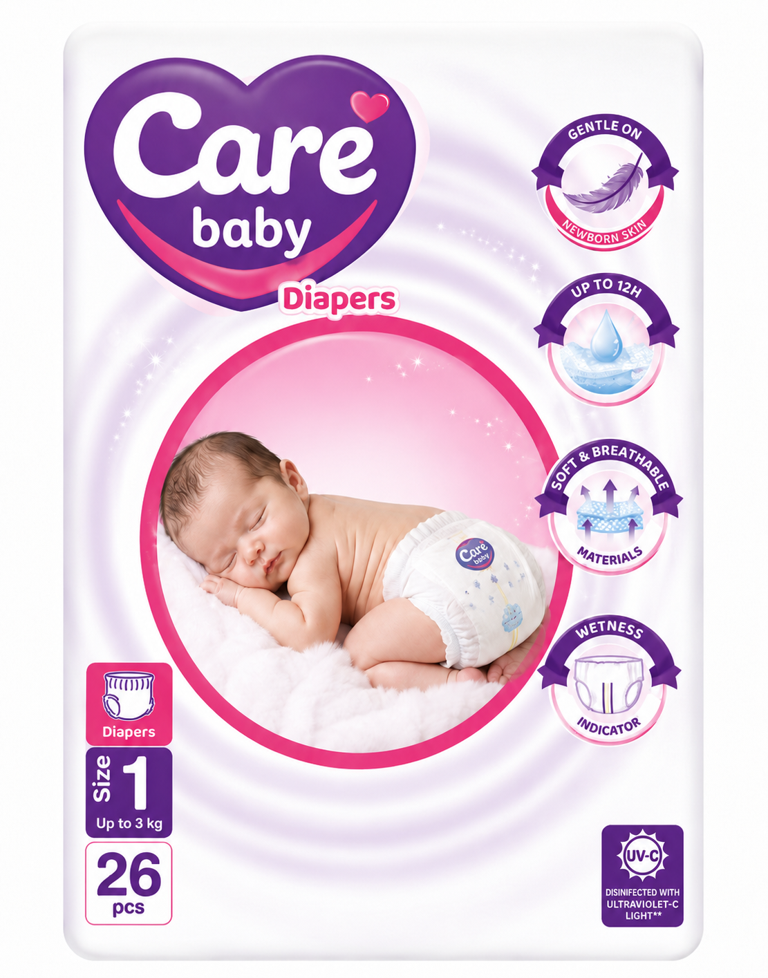 Carebaby Diapers Newborn | Size 1 | 26 Pcs