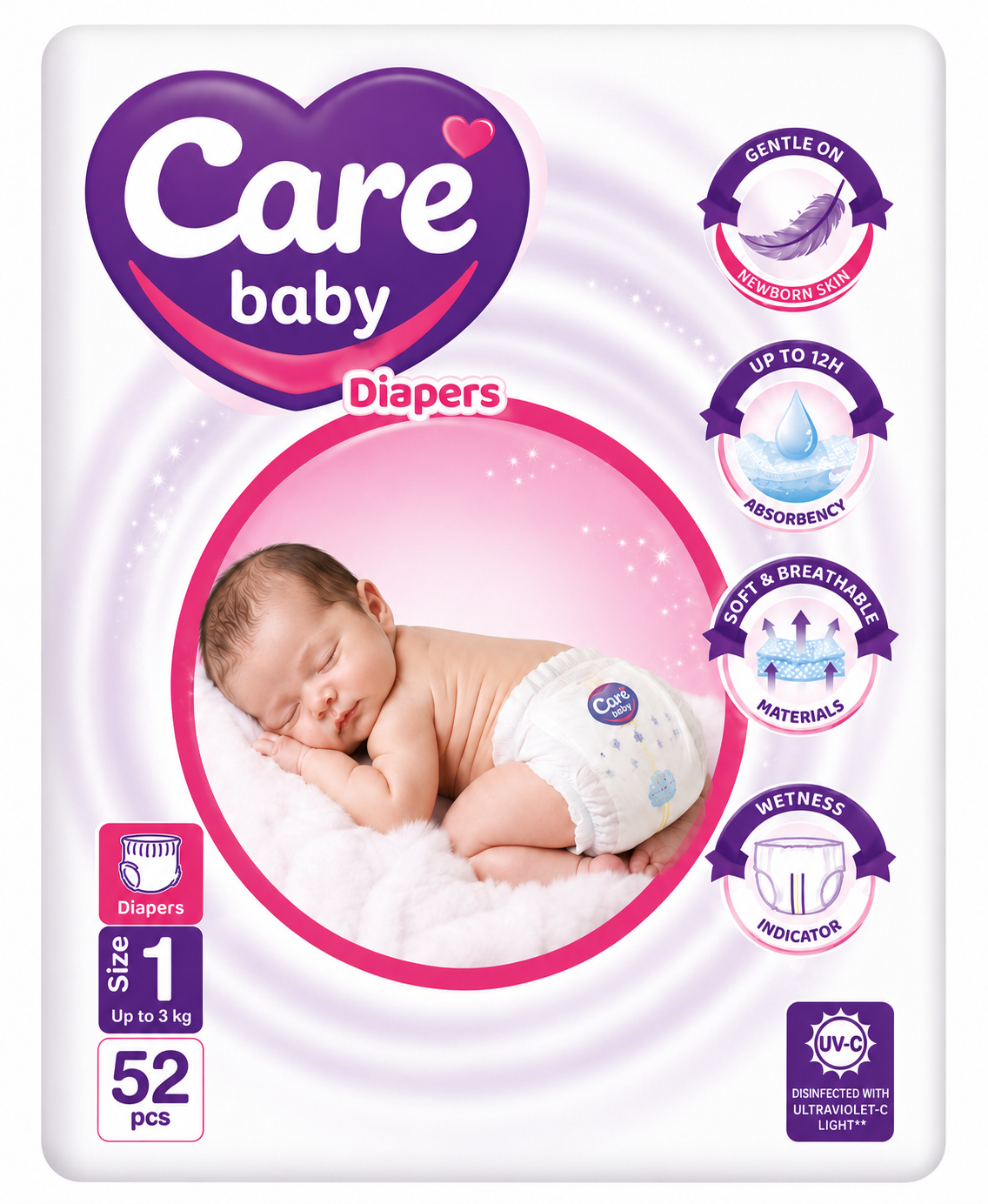 Carebaby Diapers Newborn | Size 1 | 52 Pcs