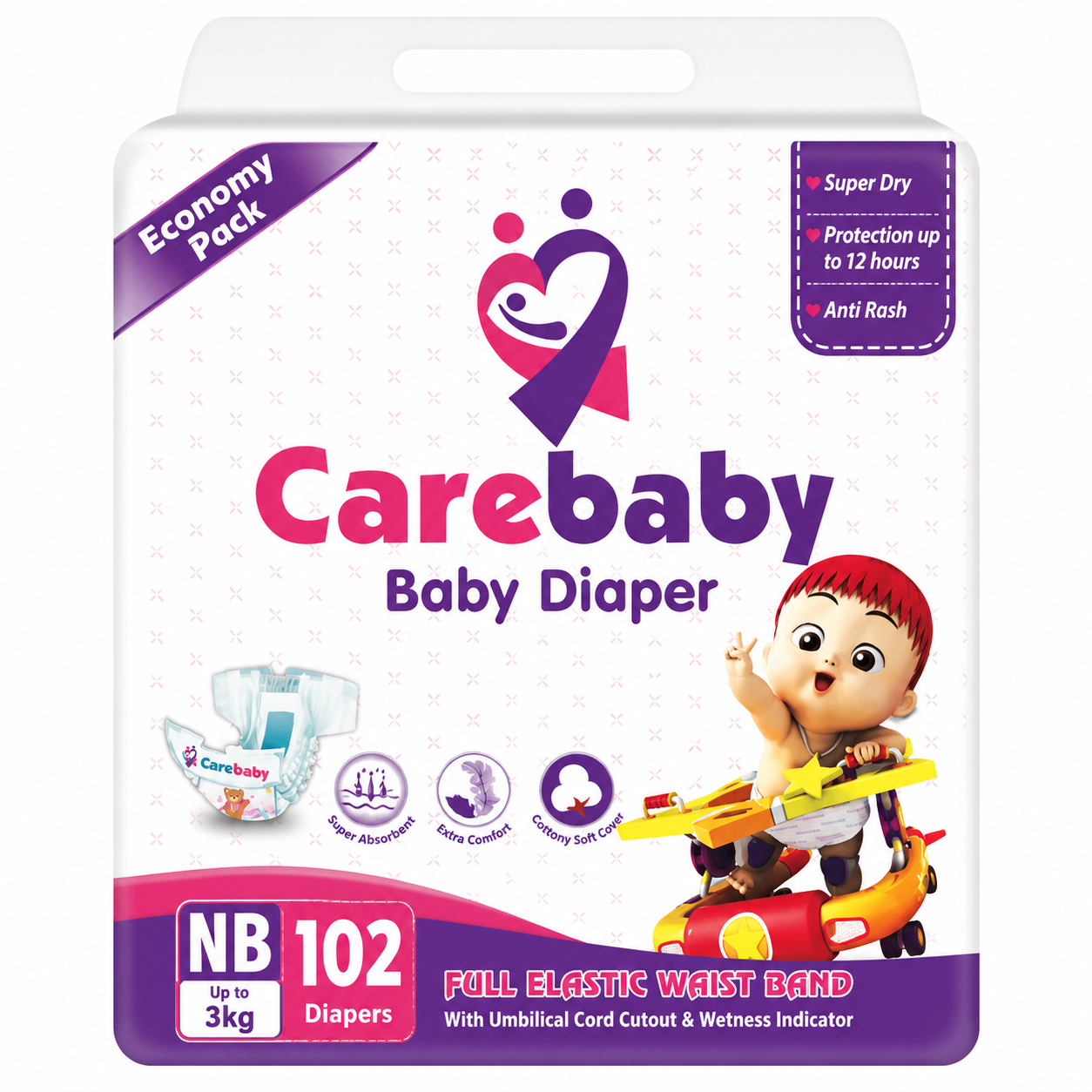 Carebaby Diapers New Born | Size 1 | 102 Pcs